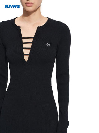 [NOTAWEAR] Deep V-Neck Long Sleeve Dress