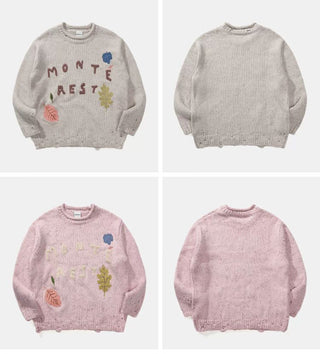 [Monterest] Distressed Crewneck Embroidered Sweater