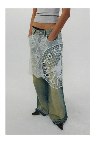 CONP Lace spliced denim pants (blue)