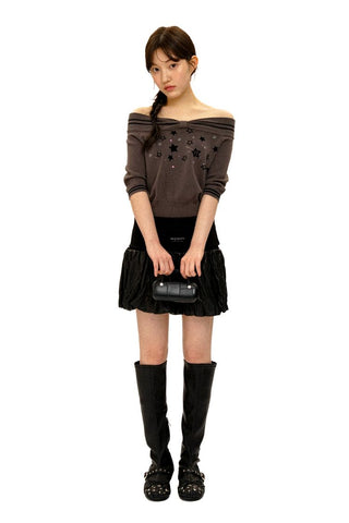 [Moromoro2] Off-Shoulder Star Rhinestone Knit  Top