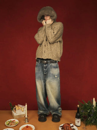 [MASONPRINCE] Cable Knit Fur Collar Wool Blend Cardigan