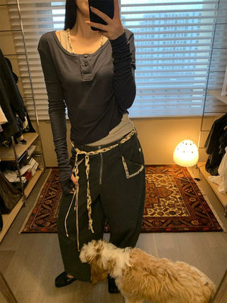 [NEVERSEEZ] Lyocell Wool Blend Henley Long Sleeve Tee