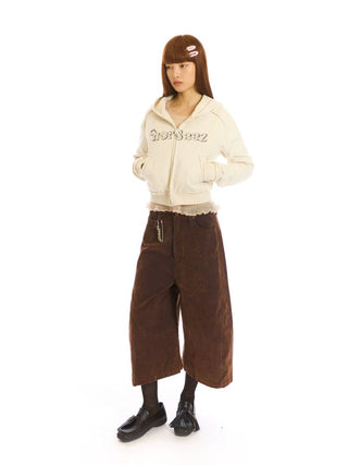 [NeverSeez] Cropped Raw Edge Hooded Zip-Up