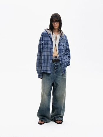 [MASONPRINCE] Faded Plaid Hooded Shirt Jacket