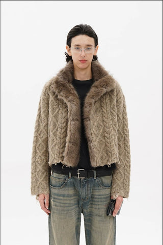 [MASONPRINCE] Cable Knit Fur Collar Wool Blend Cardigan