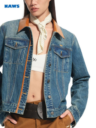 [NOTAWEAR] Patchwork Denim Jacket with Leather  Trim