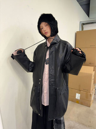 [NeverSeez] Padded PU Leather Trench Coat