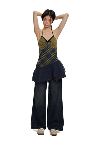 [Moromoro2] Washed Cat Whisker Distressed Wide Leg  Jeans