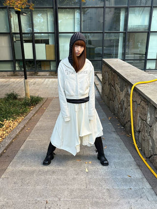 [NeverSeez] Cropped Raw Edge Hooded Zip-Up