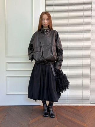 [NeverSeez] Stand Collar Asymmetrical PU Leather Jacket