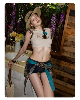 [NECY] Floral Leopard Flutter Crop Top