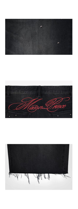 [MASONPRINCE] Studded Script Embroidery Wide Jeans
