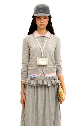 [Moromoro2] Contrast Collar Layered Knit  Cardigan
