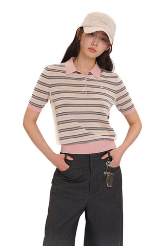 [Moromoro2] Tencel Linen Blend Striped Polo Knit  Top