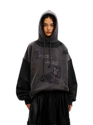 [Moromoro2] Rhinestone Patchwork Hoodie