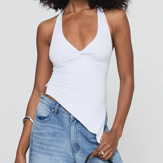 Halter v neck ruched self tie irregular top