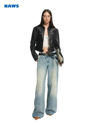 [NOTAWEAR] Cropped Moto Jacket with Cracked  Texture