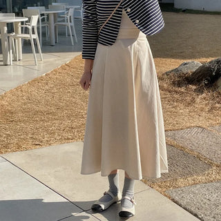 Flared pintuck cotton long skirt