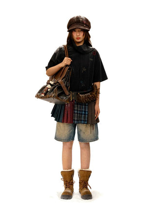 [Moromoro2] Star Patchwork Pleated Check  T-Shirt