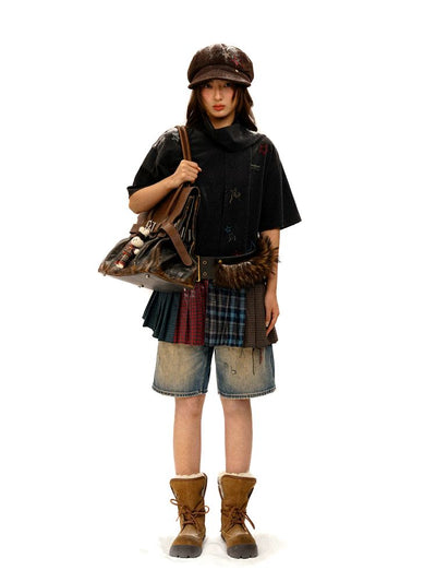 [Moromoro2] Star Patchwork Pleated Check  T-Shirt