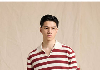 [CULTUM] Cotton Striped Open Collar Knit Sweater
