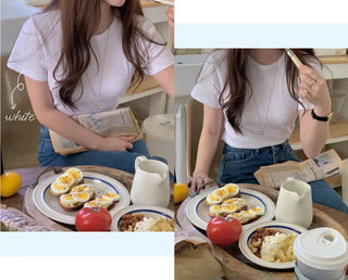 Plain waffle knit short-sleeved T-shirt (4c)