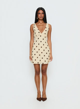 Nellie Mini Dress Lemon  Brown Polka Dot