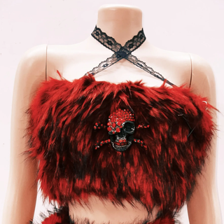 Fluffy skull applique zip-up lace hem tube top