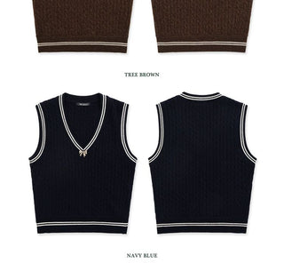 [Moromoro2] Cable Knit Bow Detail V-Neck  Vest