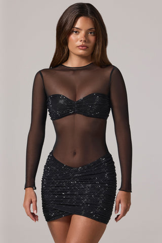 Sheer Embellished High-Neck Long Sleeve Mini Dress in Black