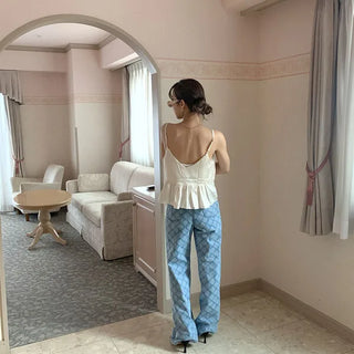 Patterned high-waisted denim pants