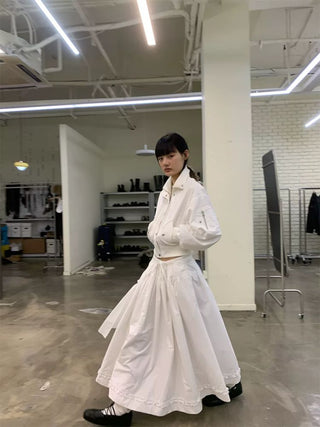 [NEVERSEEZ] Asymmetric Pocket A-Line Pleated Skirt