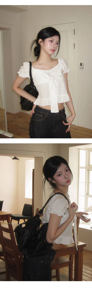 Ribbon Knot Puff Crop Blouse - 3 Colors