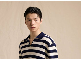 [CULTUM] Cotton Striped Open Collar Knit Sweater