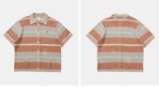 [Monterest] Open Knit Striped Short Sleeve Cardigan