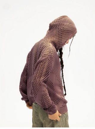 [Monterest] Spiral Mesh Washed Hooded Knit Cardigan