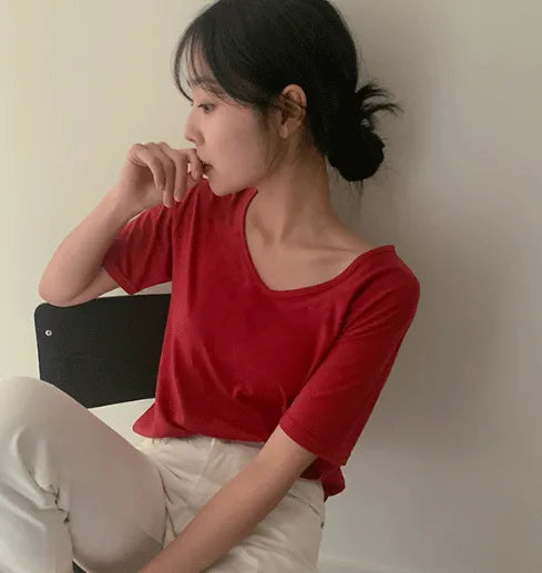 Color Span U-Neck Basic Short-Sleeve T-Shirt