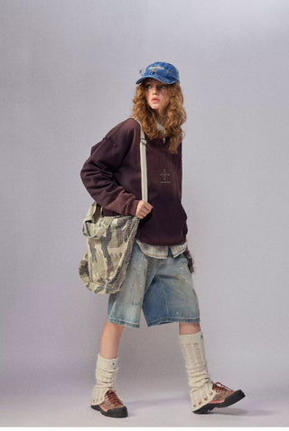 [Monterest] Washed Split-Neck Graphic Sweatshirt