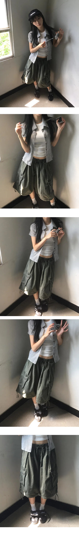 New York Shirring Short Sleeve Check Blouse BL - 2 Colors