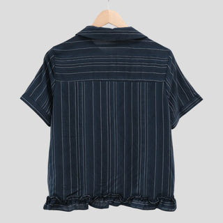 Flower button stripe border short-sleeved blouse