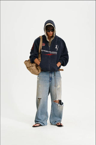 [MASONPRINCE] Distressed Boxy Hooded Knit Cardigan