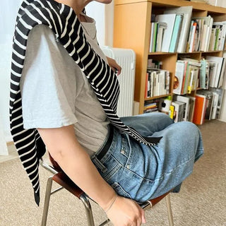 Striped faux shoulder knit