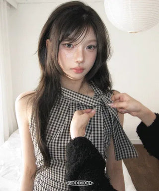 High Ribbon Check Shirred Blouse
