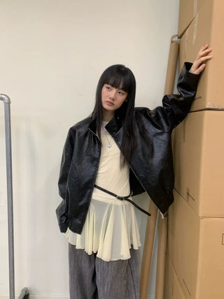 [NEVERSEEZ] Stand Collar Oversized PU Jacket