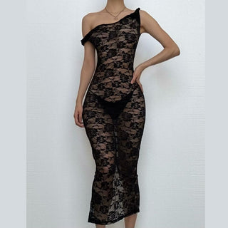 Irregular lace slit see through solid midi dress โ Uncut-Trends