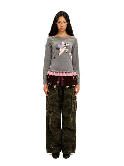 [Moromoro2] Boat Neck Ruffle Hem Wool  Sweater