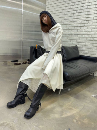 [NeverSeez] Lace Layered Knit Midi Skirt