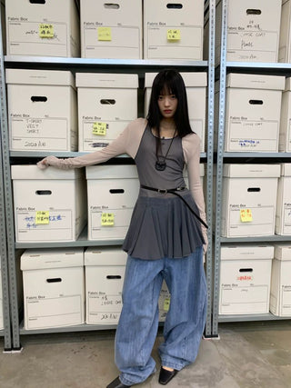 [NeverSeez] Mesh Layered Pleated Vest Dress