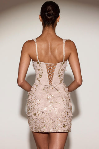 Embellished Appliqu? Corset Mini Dress in Pale Gold