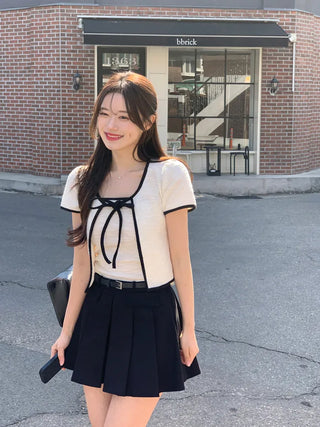 [2pcs] Tweed Ribbon Sleeveless Cardigan Set